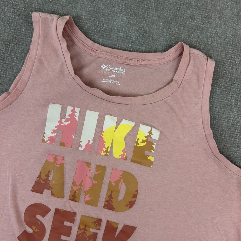 Columbia Tank Top Womens Large Pink Hike And Seek Forest Graphic Print Cotton